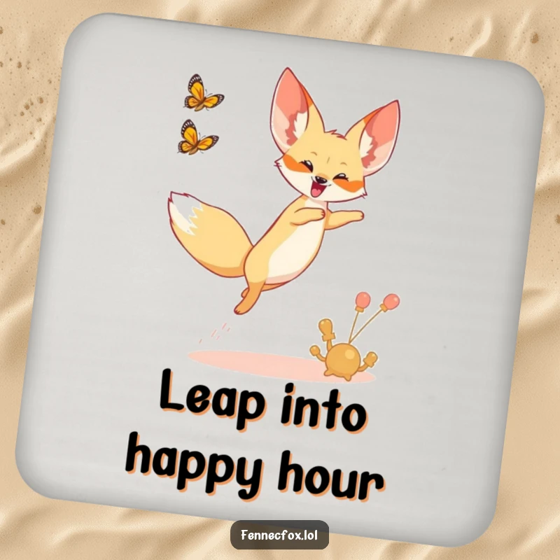 Funny drink coaster featuring a fennec fox leaping joyfully into the air, chasing a desert butterfly.
