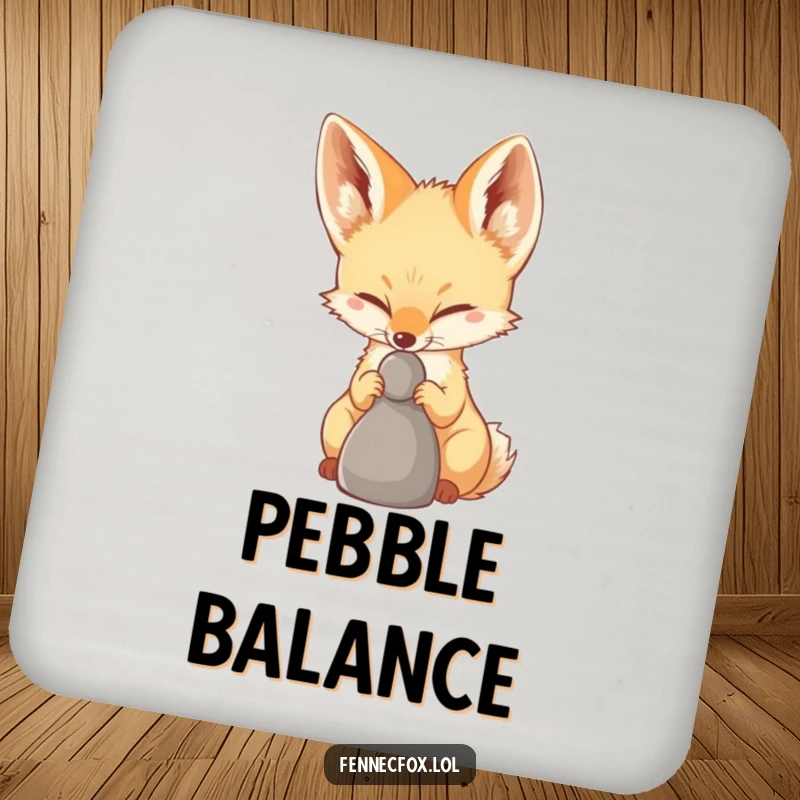 Funny Fennec Fox Drink Coaster showing a fennec fox with intense focus balancing a pebble on its nose, offering humorous surface protection.