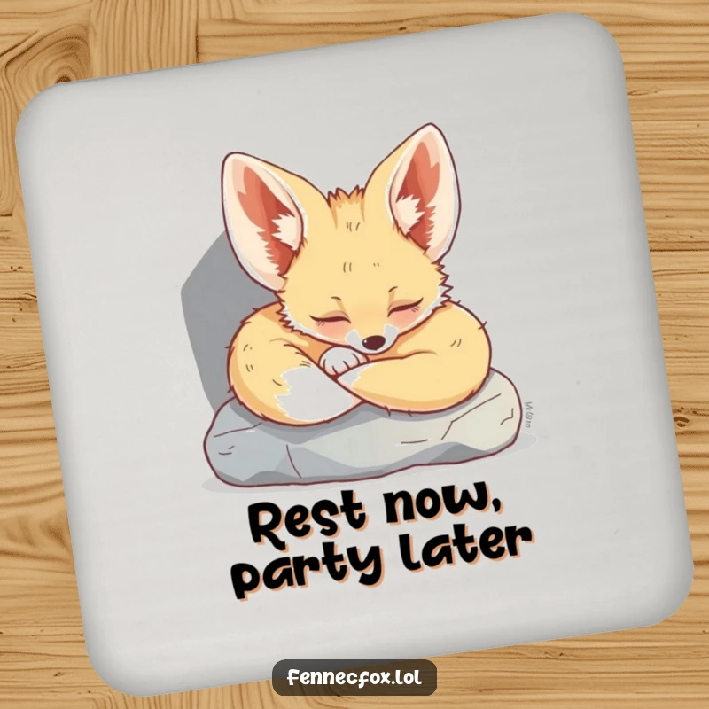 Funny Fennec Fox Coaster: Depicts a cute fennec fox napping soundly under a rock, adding whimsy to your table.