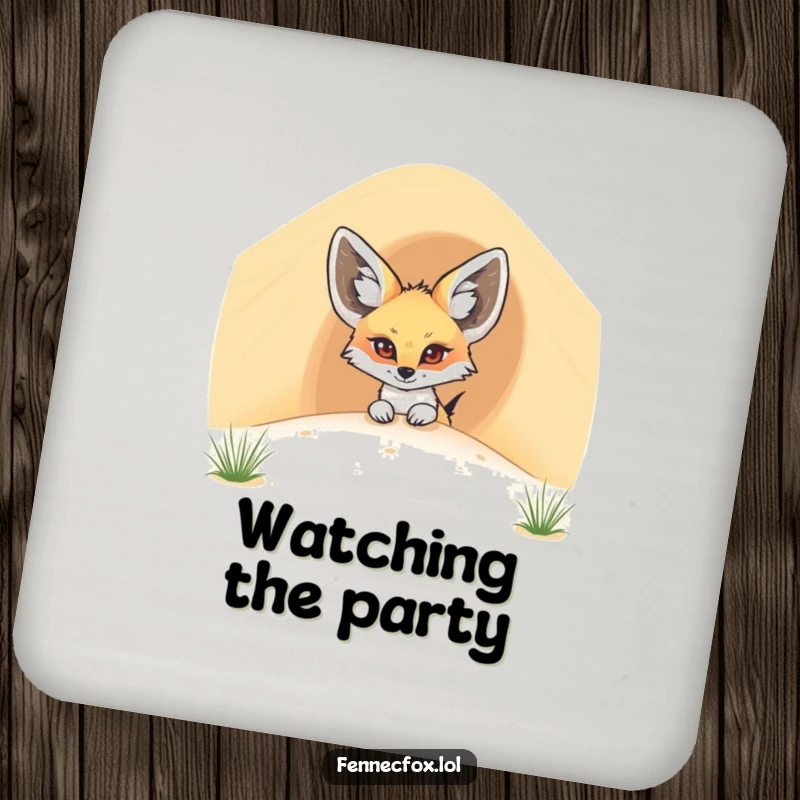 Funny fennec fox coasters showing a cartoon desert fox peeking from behind a sand dune, protecting surfaces with humor.