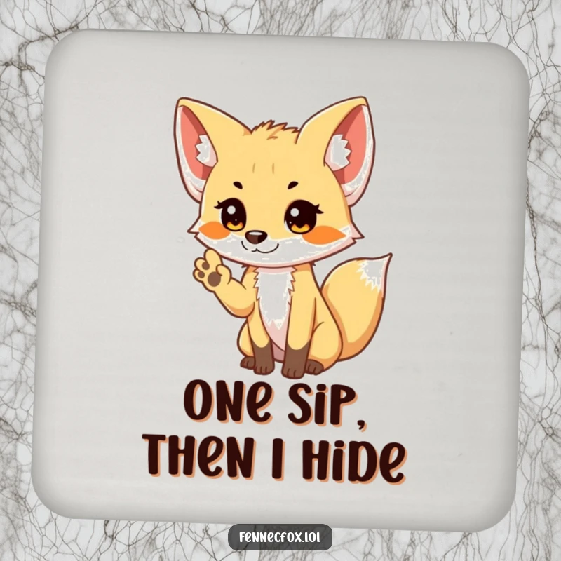 Funny shy Fennec Fox coaster with a cute fox giving a small, bashful wave, protecting tables with charm.