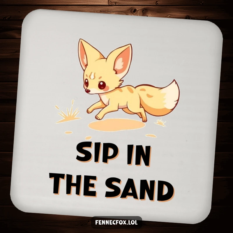 Funny drink coaster featuring a fennec fox character scampering across a sandy landscape, protecting surfaces with a splash of desert charm and humorous appeal.