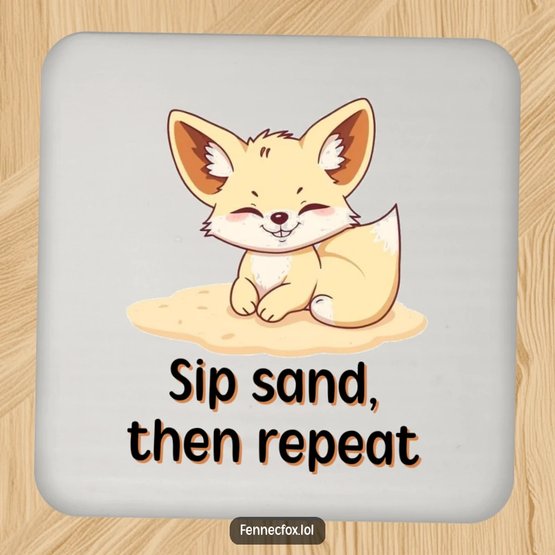 Funny Fennec Fox coaster with a mischievous fox rolling happily in soft sand, protecting tables with fun.