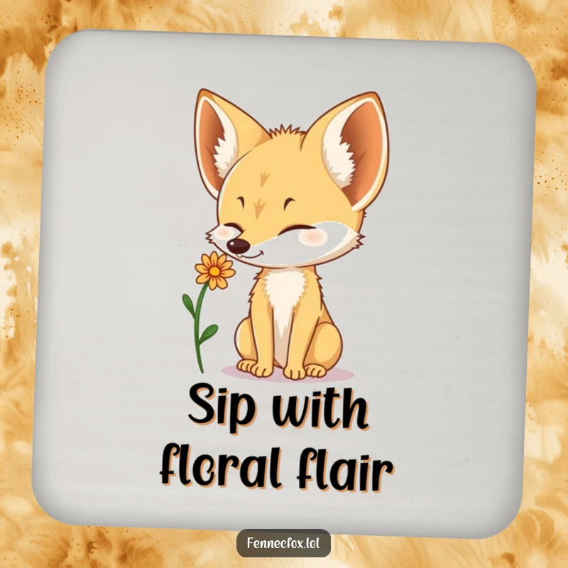 Funny Fennec Fox coaster with a cute fox balancing a small desert flower on its nose, protecting tables with charm.
