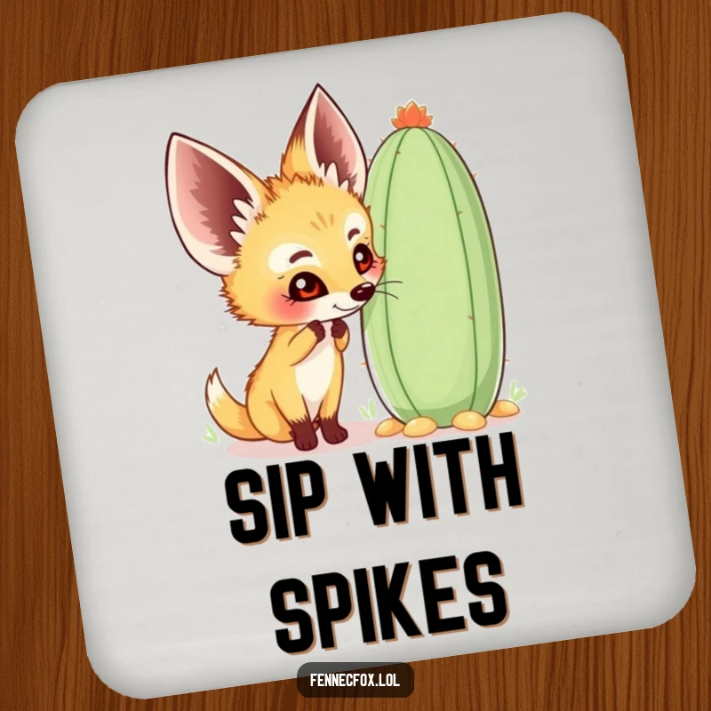 Funny fennec fox drink coaster showing a happy character curiously sniffing a large, whimsical cactus, perfect for adding desert charm.
