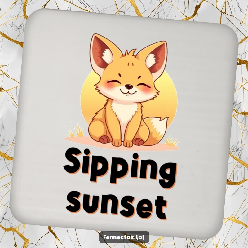 Funny Fennec Fox Sunset Drink Coaster: A contented fox basking in the warm light of a setting sun, guarding your tabletops.