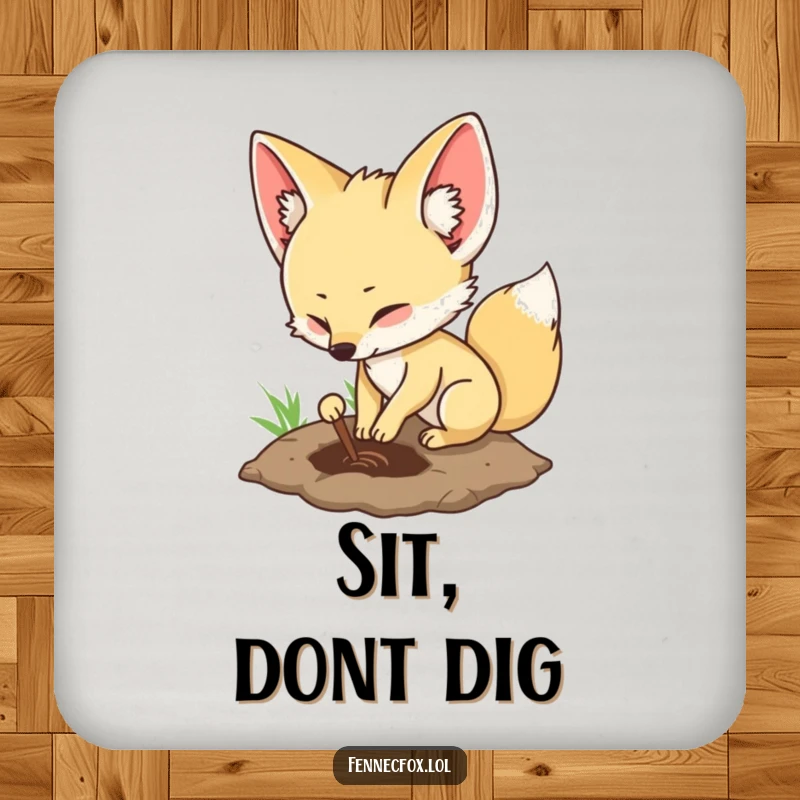 Funny fennec fox coaster showing a character digging a hole, representing playful excavation and surface protection.