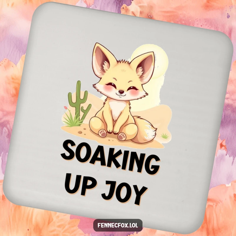 Funny Fennec fox coasters (set of 4) featuring a character basking in a sunbeam, adding humor and warmth to tables.