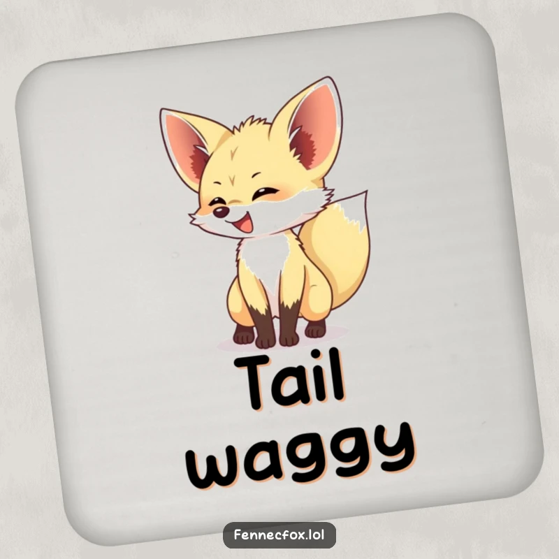 Funny Fennec Fox Drink Coaster showing an excited fennec fox wagging its tail, adding a humorous and protective touch to any drink.
