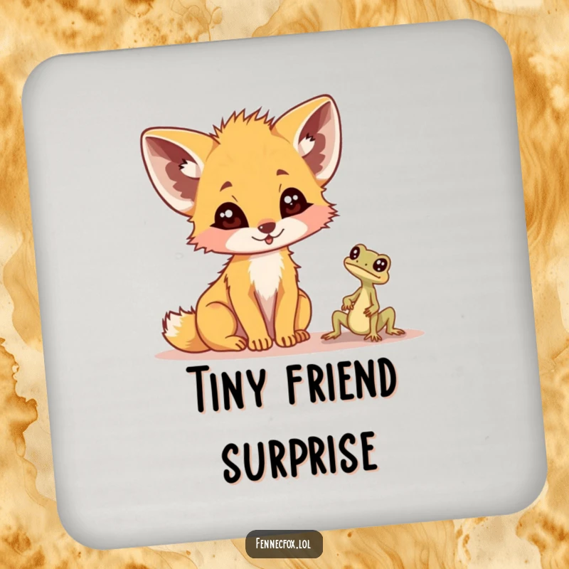 Funny fennec fox coasters, set of four, each showing a startled fox reacting to a tiny desert lizard, adding whimsical humor.