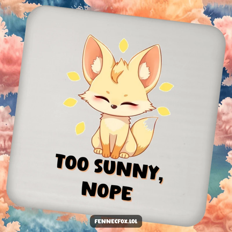 Funny fennec fox coaster, depicting the character slowly blinking in bright sun, large ears prominent, protecting surfaces with style.