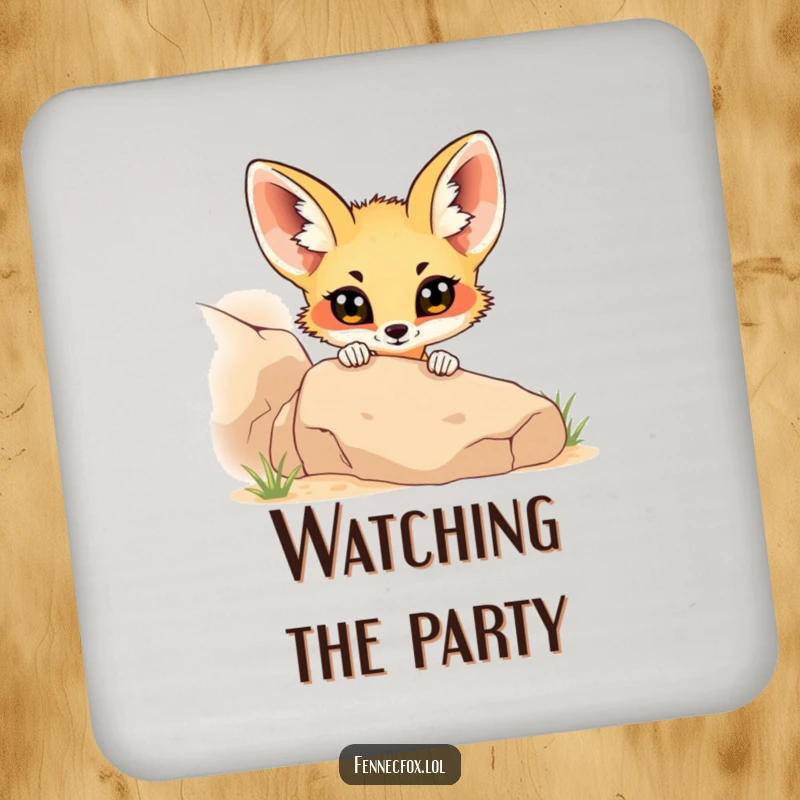 Funny fennec fox peeking from behind a desert rock, on a drink coaster, adding a humorous element to tabletops.