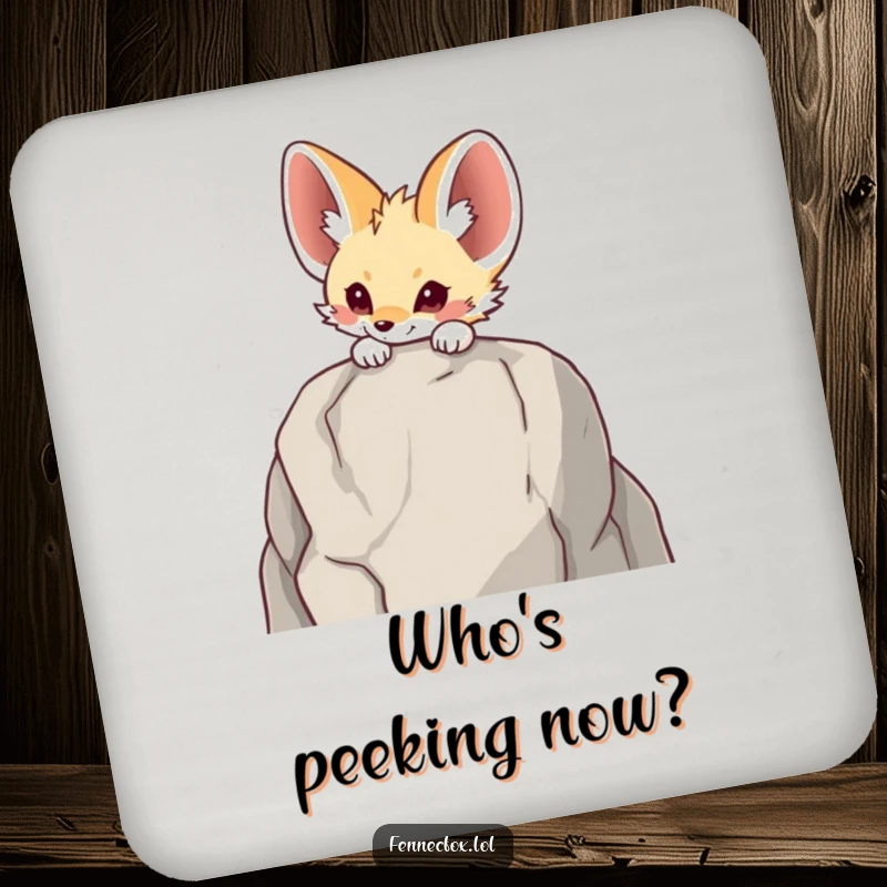 Funny Fennec fox coasters (set of 4) with a character peeking over a rock, adding a humorous and protective touch to any table.