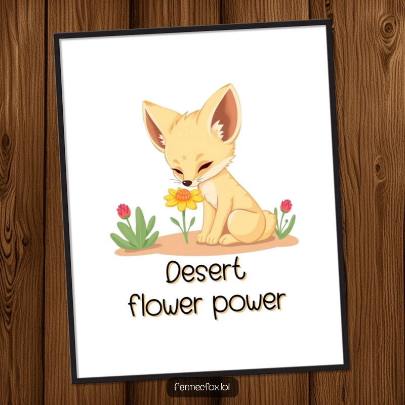 Funny Fennec Fox Poster: A beautifully illustrated wall art print of a fennec fox curiously sniffing a delicate desert flower, adding charm to any room.