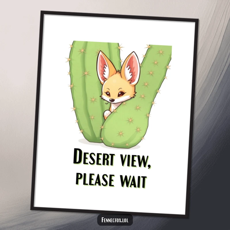 Funny fennec fox peeking from behind a large spiky cactus, desert art print, humorous wall decor.