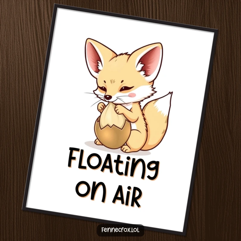 Funny Poster art of a fennec fox playfully batting at a floating desert seed pod, capturing innocent fun and curiosity.