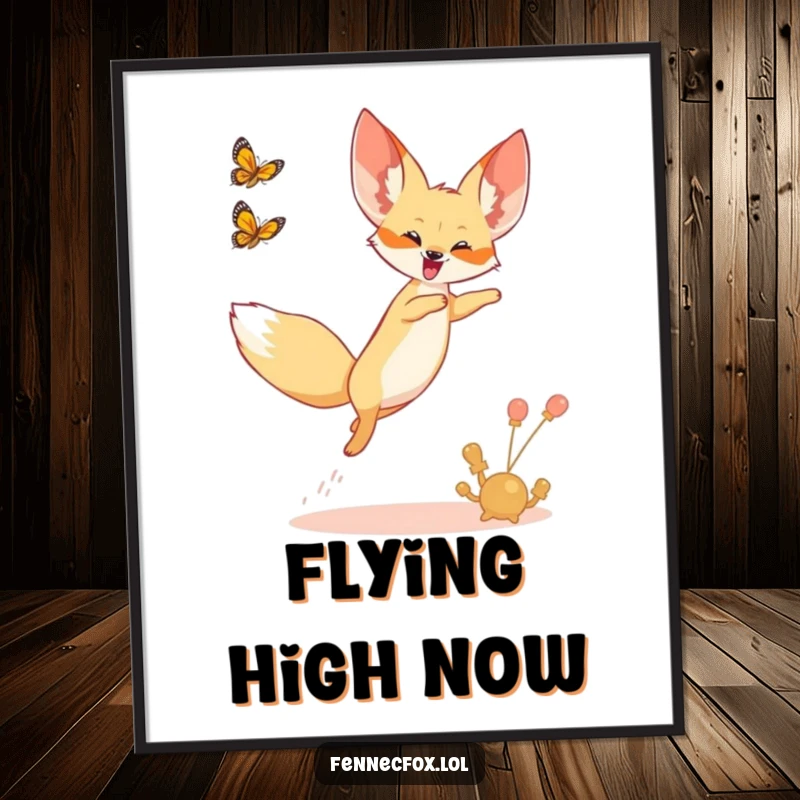 Funny poster art of a fennec fox leaping joyfully into the air, chasing a desert butterfly.