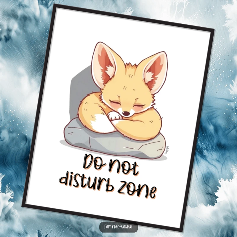 Funny Fennec Fox Poster: An artistic rendering of a tiny fennec fox peacefully asleep in the cool shade of a large rock.