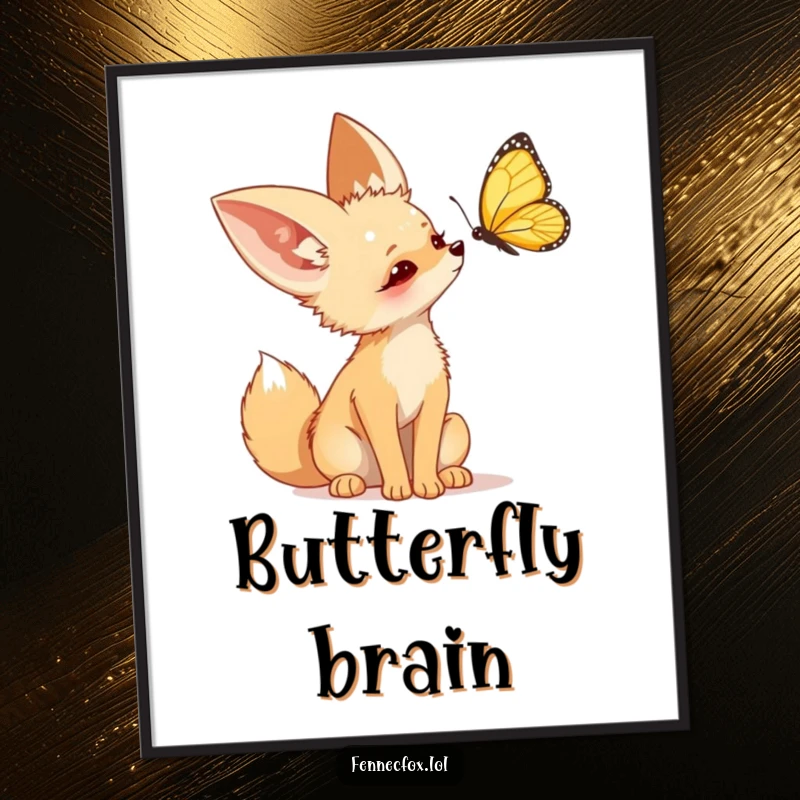 Funny Fennec Fox Poster featuring a cute desert fox with its head tilted, curiously watching a colorful butterfly in mid-air.