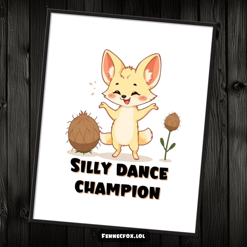 Funny Fennec Fox Poster depicting a happy fox with large ears performing a silly dance with a tumbleweed. Art that radiates joy.