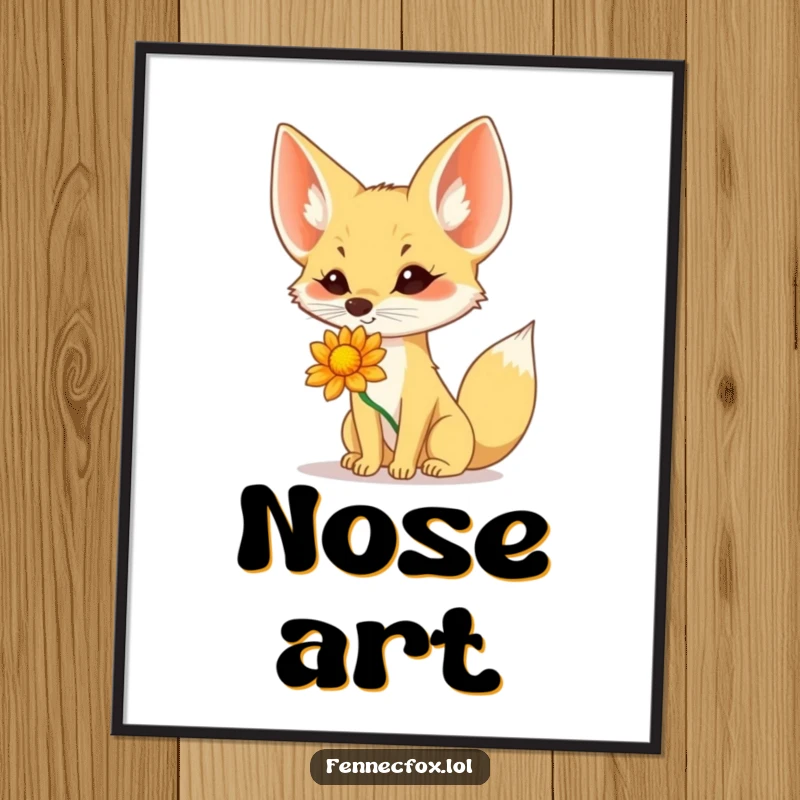 Funny Fennec Fox Poster: A fennec fox humorously balances a desert flower on its nose, creating a funny and charming display.