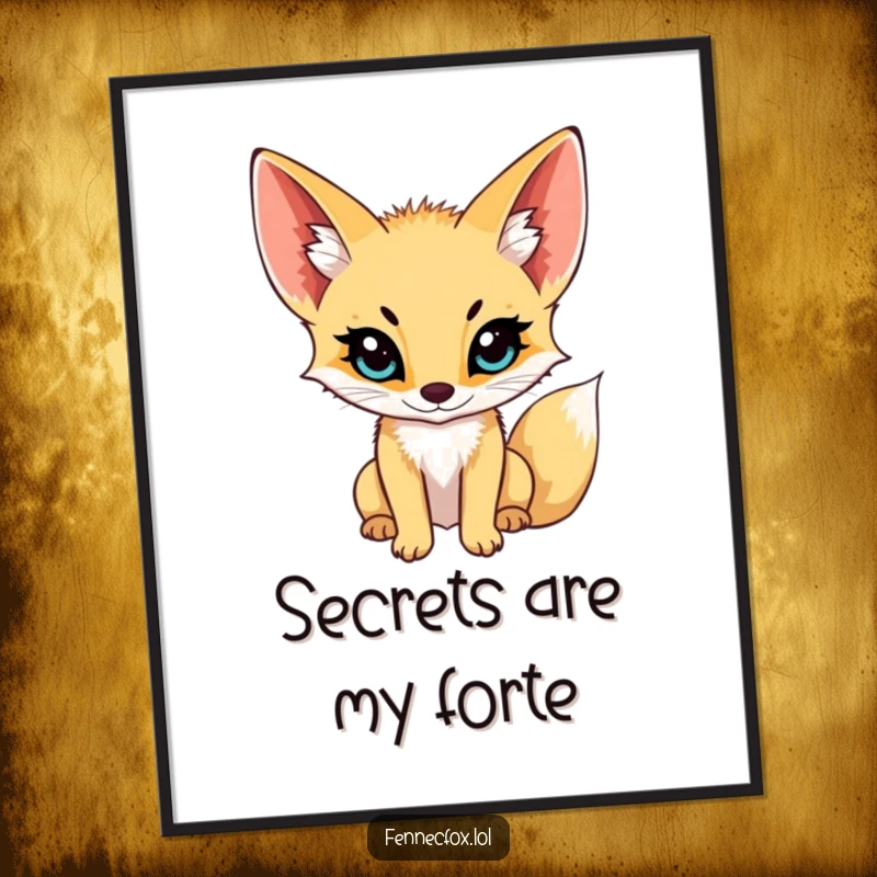 Funny fennec fox poster, illustration of a fennec fox with its magnificent ears perked, listening intently to secret desert whispers, conveying charm.