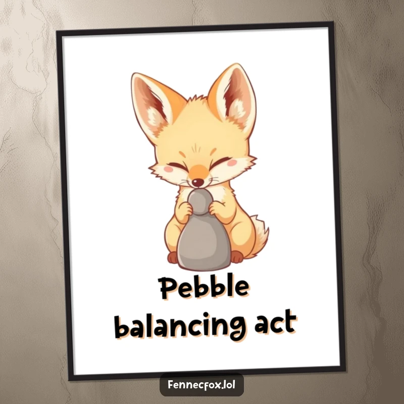 Funny Fennec Fox Poster depicting a fennec fox with intense concentration, balancing a pebble on its nose, adding a humorous focal point.
