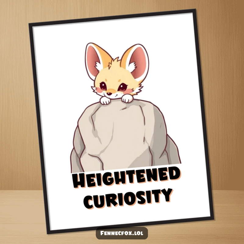 Funny Fennec fox poster illustrating a character curiously peeking over a tall rock, adding a whimsical and humorous focal point.