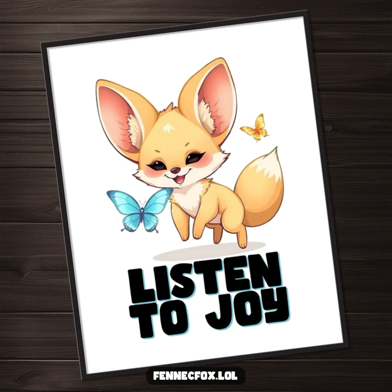 Funny kawaii fennec fox with enormous ears joyfully chasing a shimmering butterfly, presented as vibrant wall art. A funny and delightful decoration.