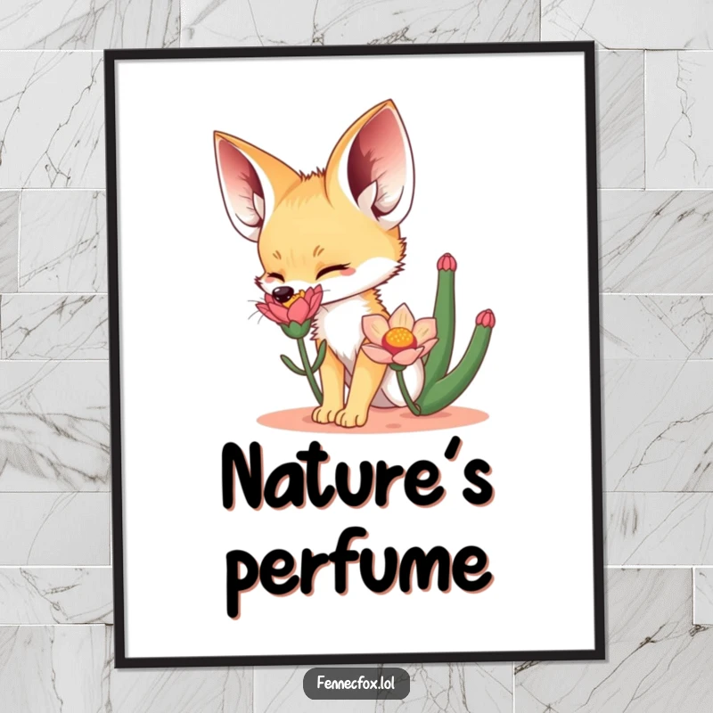 Funny Poster art of a fennec fox excitedly sniffing a colorful desert flower, capturing the magic of desert life with humor.