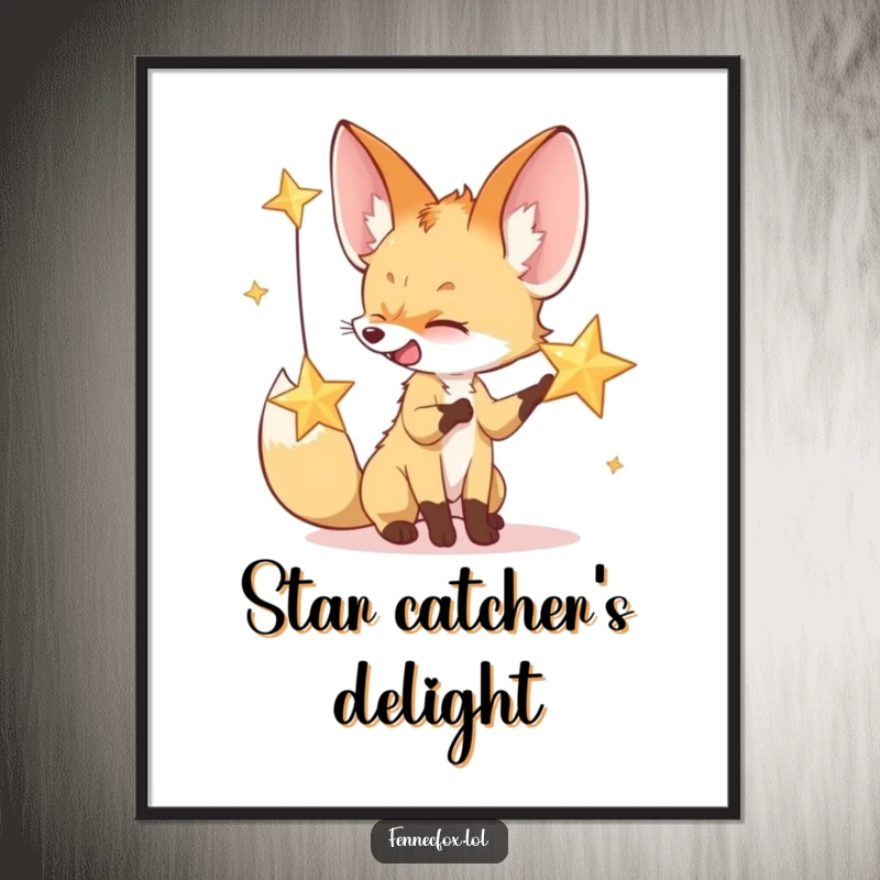 Funny poster art of a giggling fennec fox playfully interacting with a twinkling desert star, evoking wonder and joy.