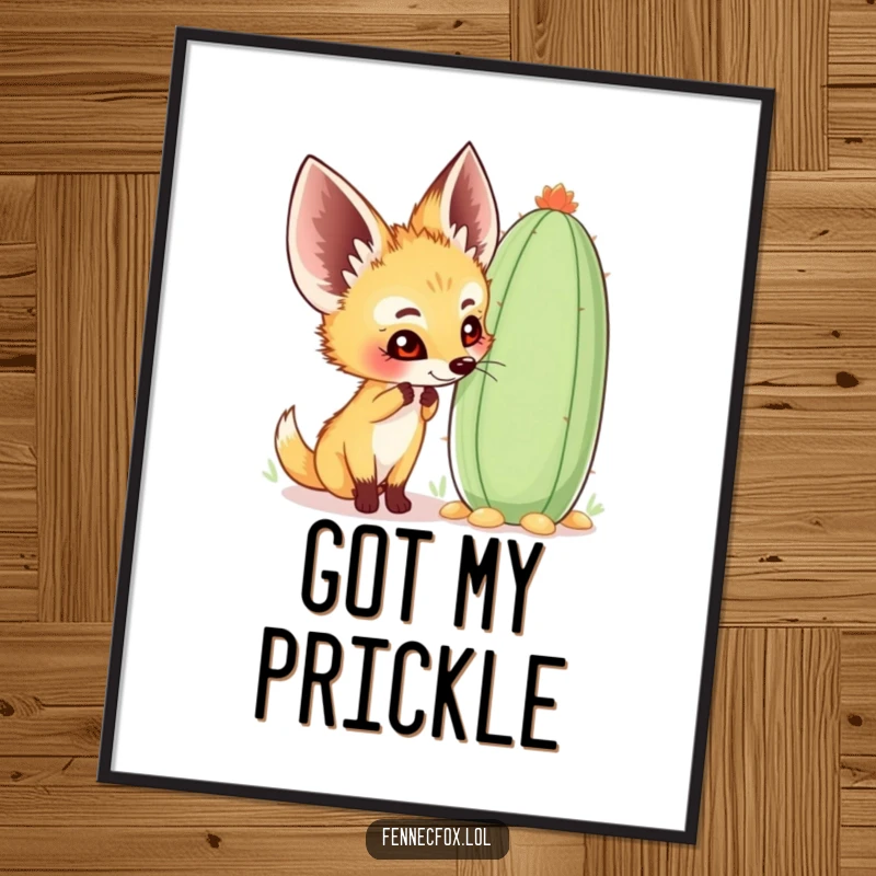 Funny fennec fox poster art of a happy character curiously sniffing a large, whimsical cactus, perfect for desert-themed wall decor.
