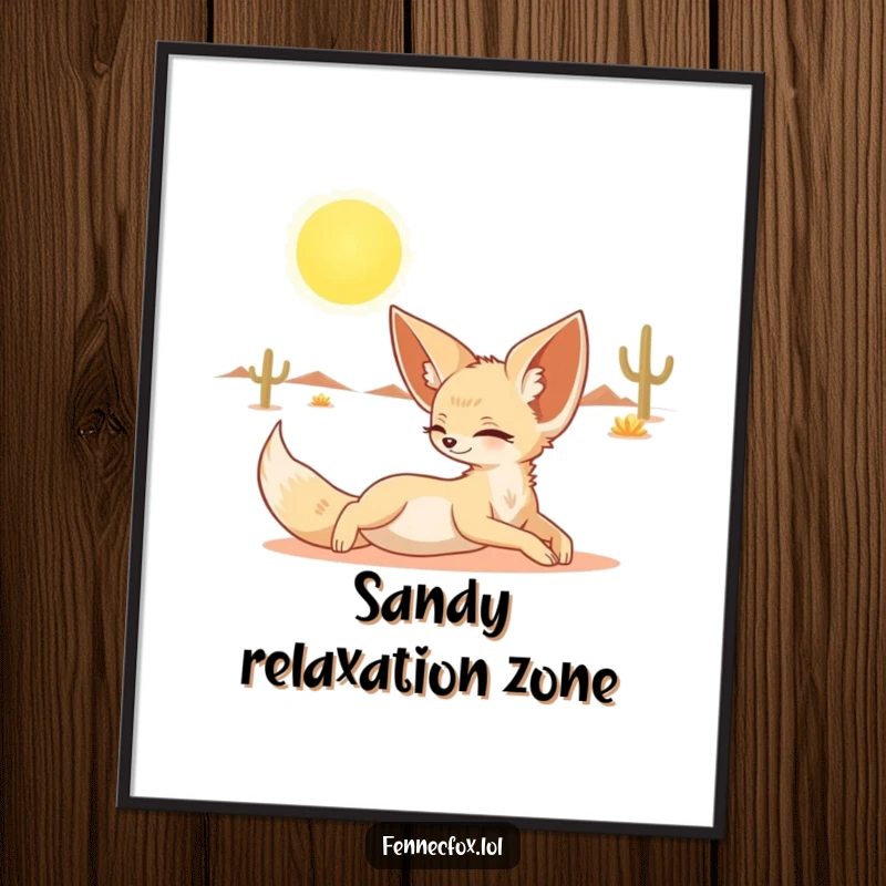 Funny poster featuring a fennec fox stretching luxuriously under a bright desert sun, adding cute desert charm.