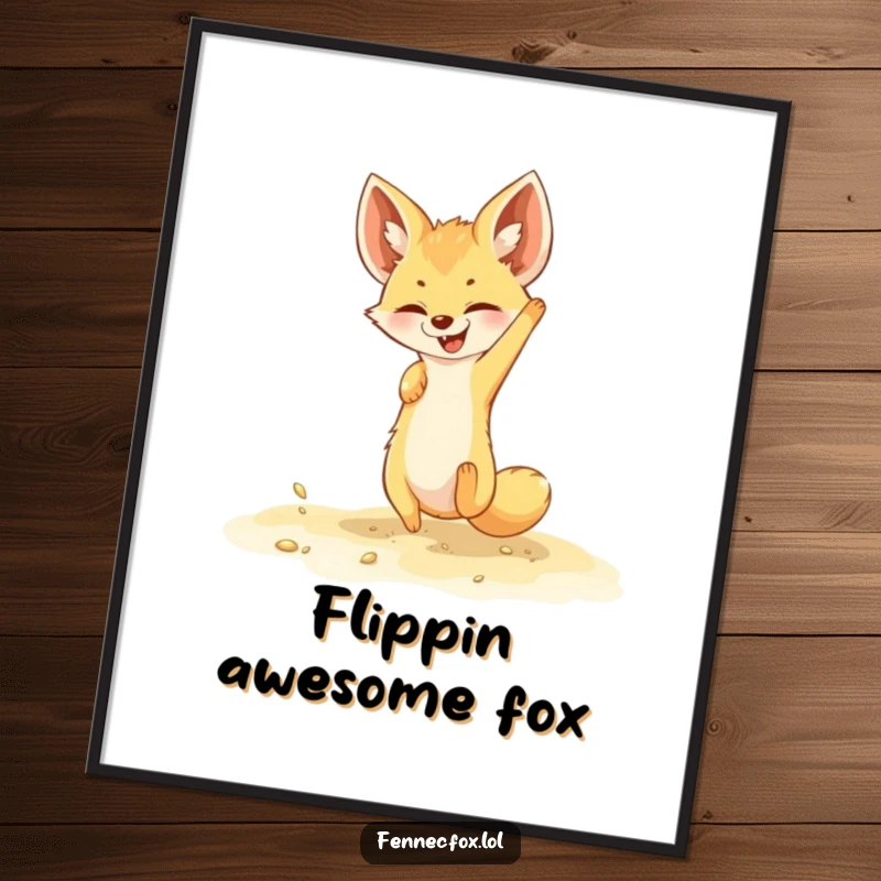 Funny fennec fox poster art of a character joyfully somersaulting in golden sand, perfect for energetic and fun wall decor.