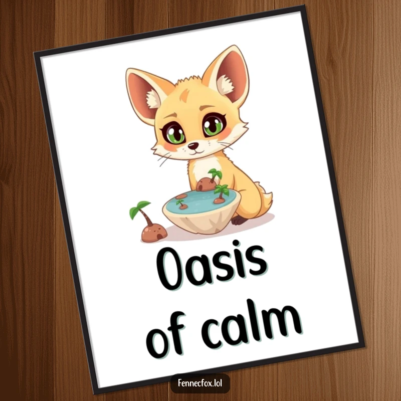 Funny surprised fennec fox with wide eyes observing a tiny, floating oasis, presented as captivating wall art. A funny and magical piece.