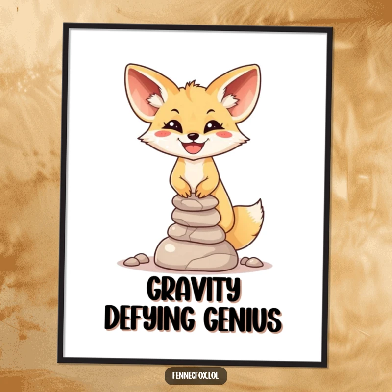 Funny Fennec Fox Stone Balance Poster: A fennec fox with a huge smile attempts to balance a small, precarious stack of desert stones.