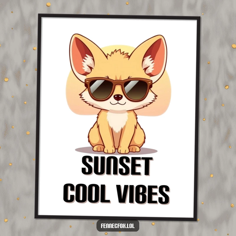 Funny Fennec Fox Poster depicting a cool fox with large ears wearing tiny sunglasses, looking serenely at a desert sunset. Stylish and humorous art.