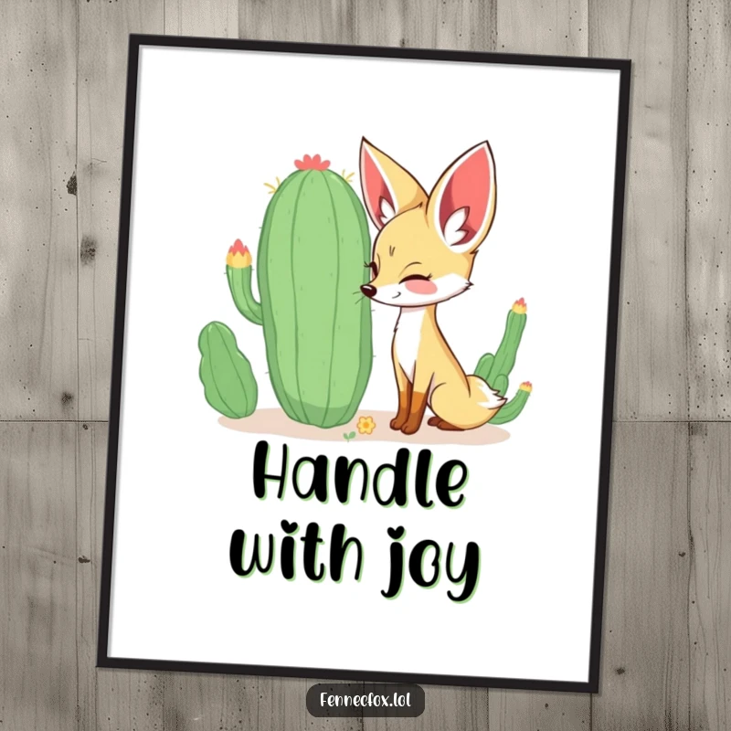 Funny curious fennec fox sniffing a large, whimsical cactus with a happy expression, presented as captivating wall art. A funny and charming piece.