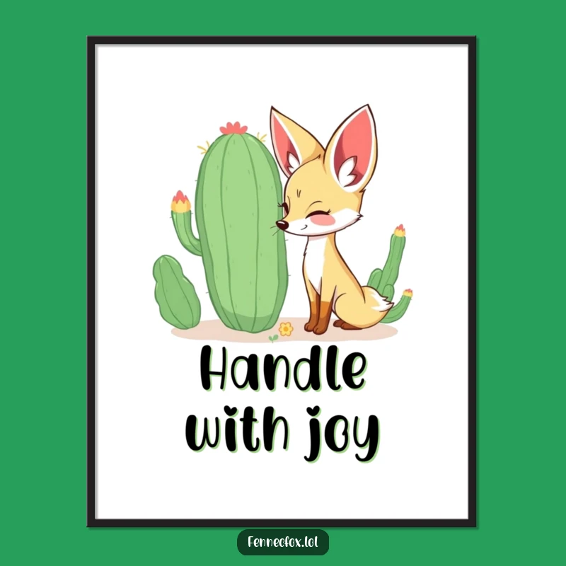 Funny Fennec Fox Poster: Curious Fox Sniffing Cactus Art, Happy Desert Vibes, Great Gift!