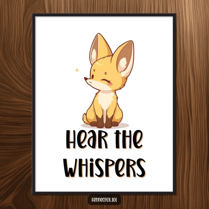 Funny poster of a Fennec fox character with large ears, listening intently to a distant sound, capturing quiet curiosity.