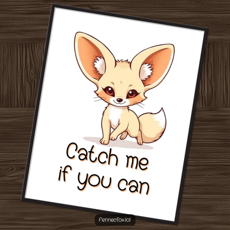 Funny fennec fox poster print featuring a whimsical cartoon fox with oversized ears joyfully pursuing its own tail in a comical circle.