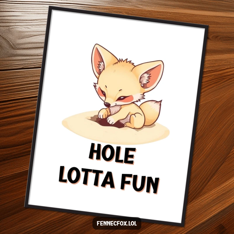 Funny poster art of a fennec fox energetically digging a small hole in soft sand, desert scene.
