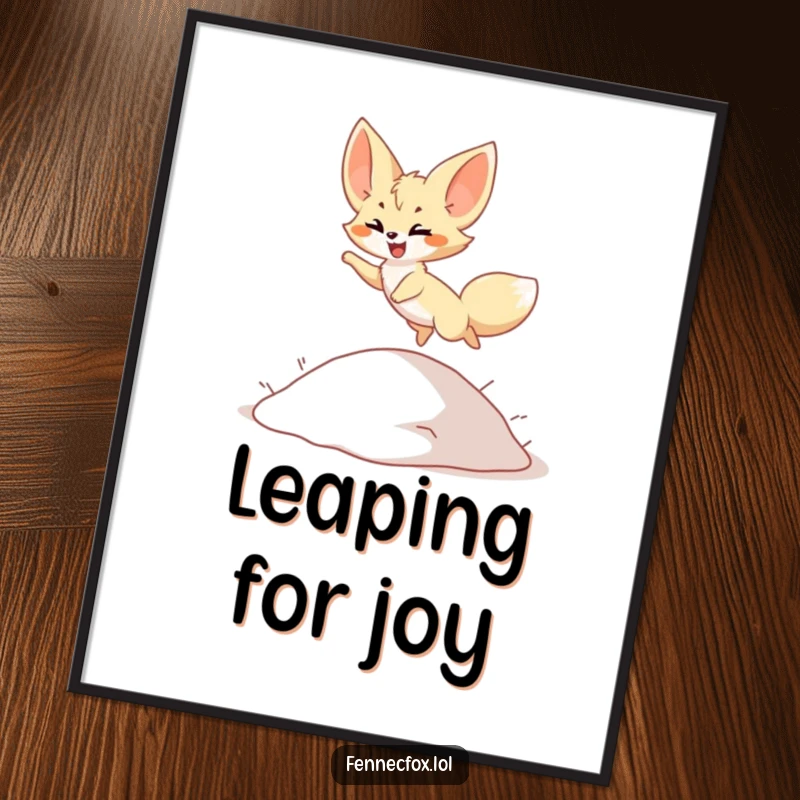Funny Poster: Cute fennec fox character joyfully leaping over a small sand dune, bright desert colors, perfect wall art, funny gift.
