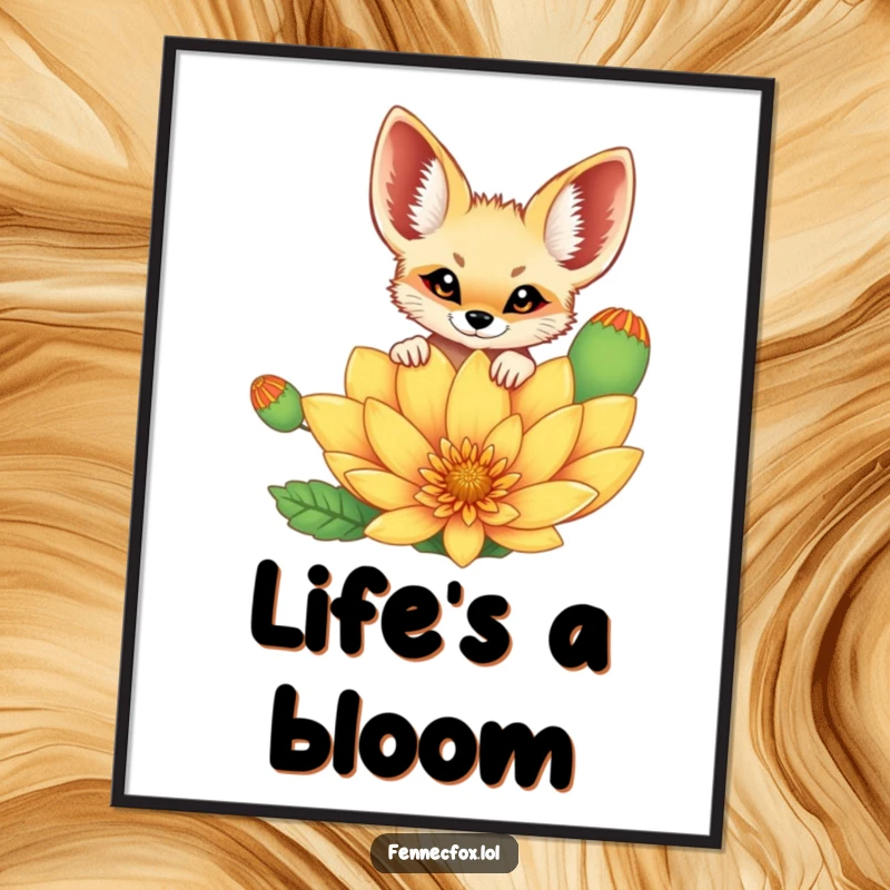 Funny cheerful fennec fox peeking curiously over a vibrant, oversized desert flower, presented as eye-catching wall art. A funny and decorative piece.