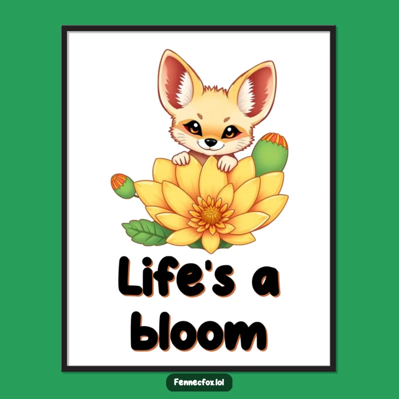 Funny Fennec Fox Poster: Cheerful Fox Peeking Over Big Desert Flower Art, Great Gift!