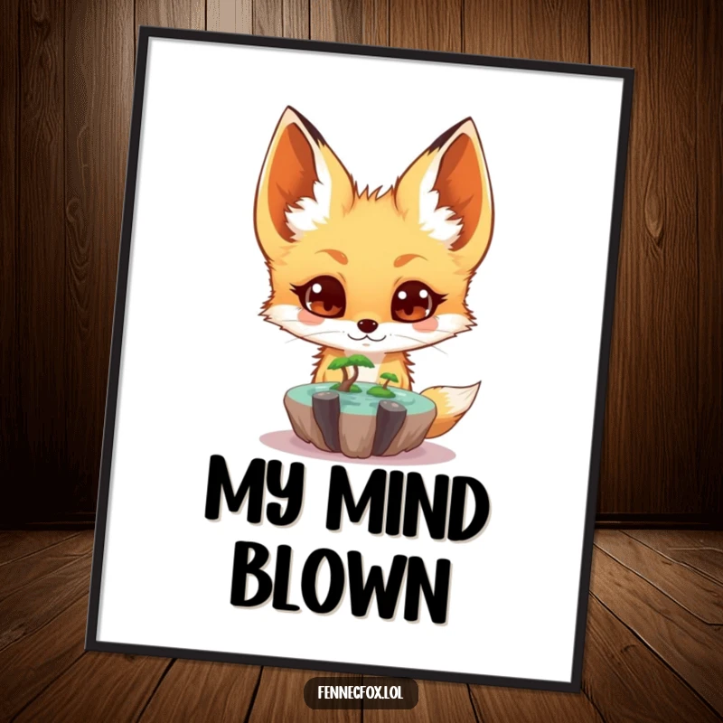 Funny fennec fox poster art depicting a surprised character observing a small, magical floating oasis, perfect for enchanting wall decor.