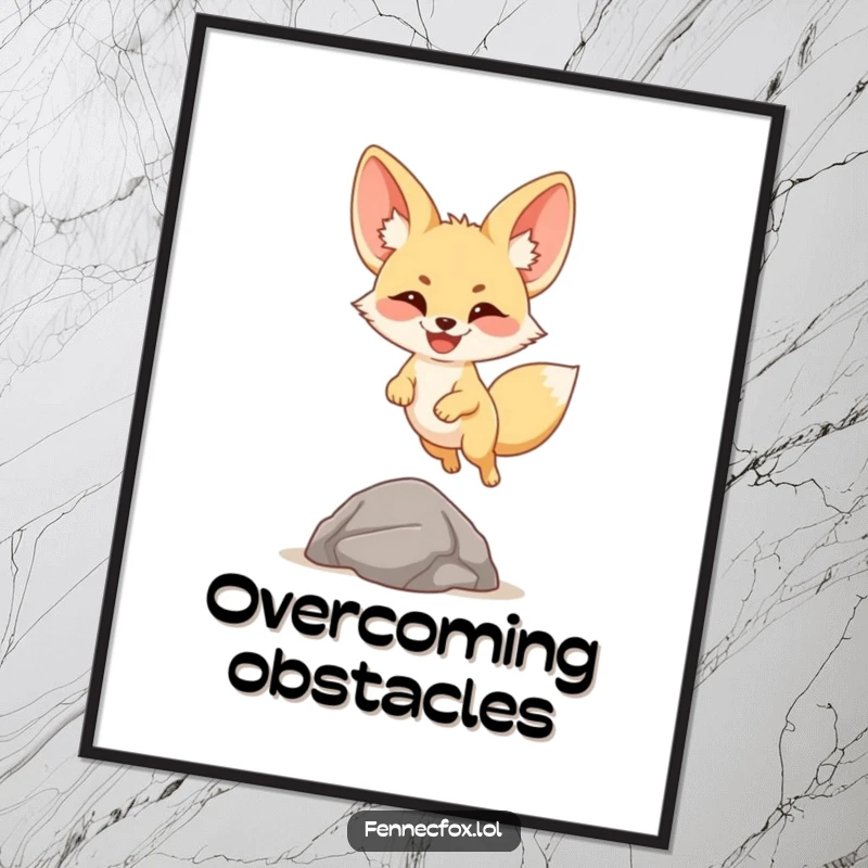 Funny fennec fox poster print of a cartoon desert fox with a huge smile soaring over a small rock in a joyful leap.