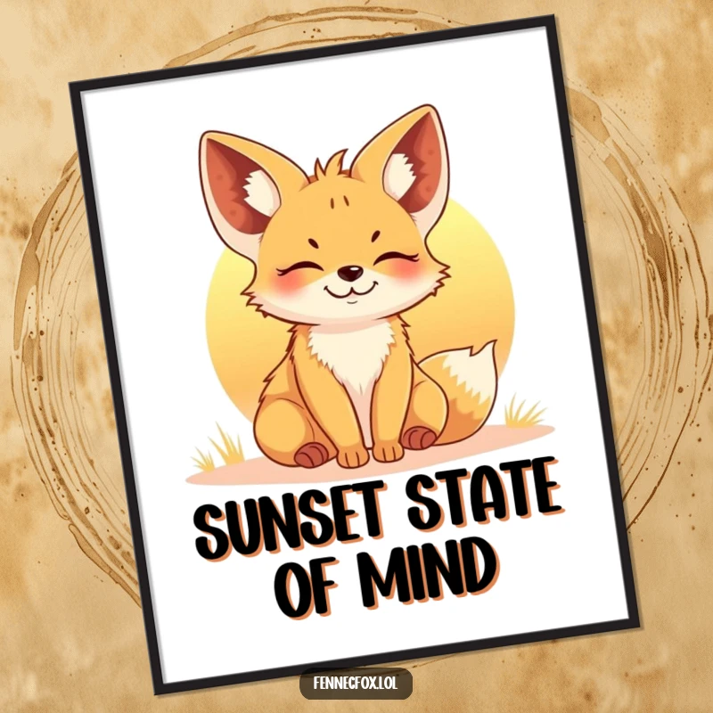 Funny Fennec Fox Sunset Poster: A contented fennec fox basking in the warm glow of a setting sun, creating a peaceful scene.