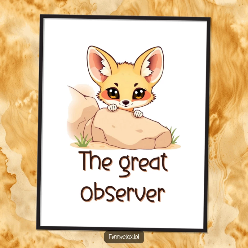Funny fennec fox with big curious eyes peeking from behind a desert rock, displayed on a poster for humorous wall art.