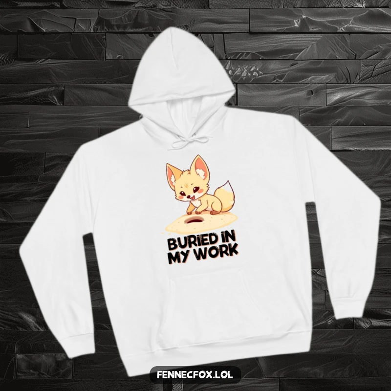 Funny fennec fox hoodie featuring a cartoon desert fox happily digging a small hole in sand, symbolizing focused energy and fun.